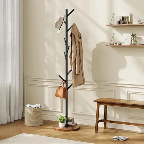 Vista 4 de HOOBRO Perchero con 9 ganchos, perchero de metal independiente con base de madera, árbol de pasillo resistente para entrada, soporte de perchero que