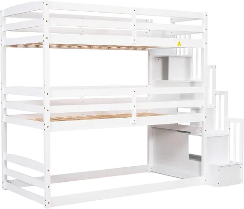 Vista 9 de Harper & Bright Designs Litera triple de madera con escalera de almacenamiento, literas de madera 3 camas en 1 para niños, cama triple desmontable