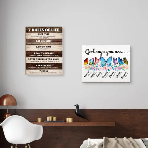 Vista 5 de Lienzo decorativo para pared con texto en inglés "God Says You Are", con versículos bíblicos inspiradores para mujeres y niñas, decoración de pared