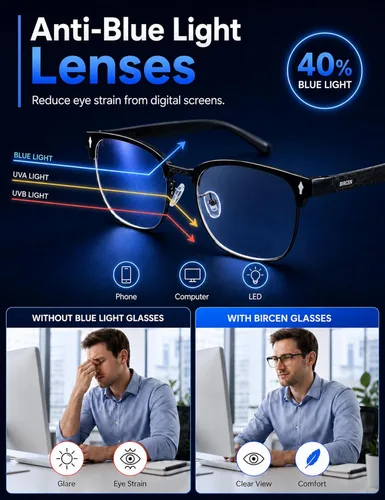Vista 3 de BIRCEN Blue Light Blocking Glasses: Blocks Blue Light Metal Glasses for Men Negro/Claridad
