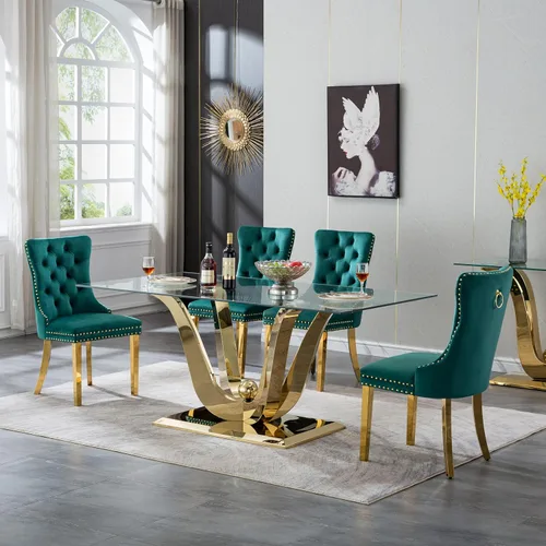 Vista 30 de Moderno juego de mesa de comedor de cristal de 5 piezas para 4, 70 pulgadas rectangular con 4 sillas copetudas de terciopelo beige, juego de mesa