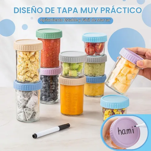 Vista 5 de DRKIO Paquete de 12 recipientes de vidrio para almacenamiento de alimentos para bebés - Frascos de comida para bebés de 4 y 8 onzas con tapas 4 oz