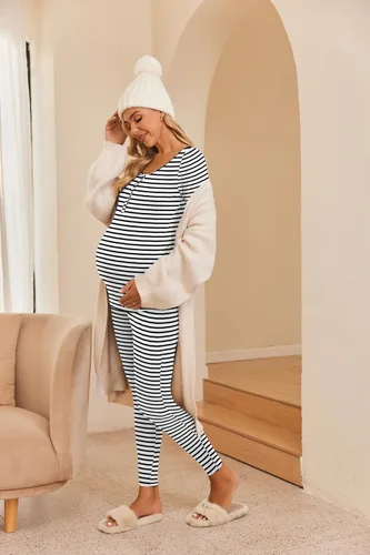 Vista 4 de Ekouaer Pijama de lactancia de maternidad para parto, pijama de manga larga, conjunto de ropa interior térmica