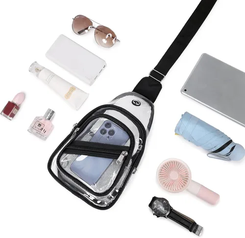 Vista 6 de Bolsa transparente para eventos en estadios, mochila transparente para mujer, impermeable, de PVC, cangurera cruzada para conciertos