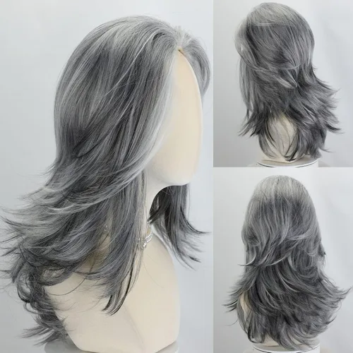 Vista 9 de Fencca Pelucas de color gris plateado para mujeres blancas, peluca ondulada en capas, peluca de sal y pimienta de longitud media con reflejos