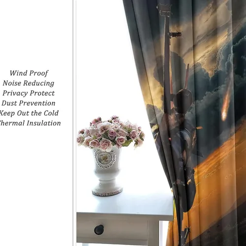 Vista 6 de Cortinas opacas con diseño de avión para dormitorio, hermoso estampado de combatientes de puesta de sol, con ojales, aislamiento térmico, cortinas