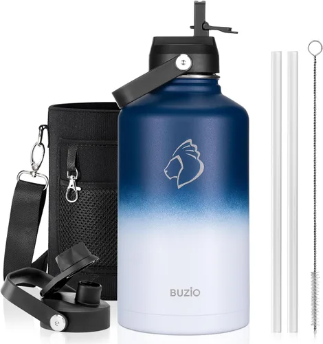 Vista 77 de BUZIO Botella de agua aislada de 24 oz, frasco de agua de boca ancha de acero inoxidable con tapa de pajita, frío durante 48 horas a prueba de Negro