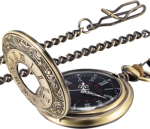 Vista 8 de Reloj de bolsillo vintage de acero para hombre con cadena, Negro