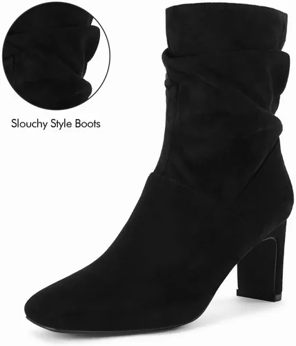 Vista 4 de Coutgo Botas de media pantorrilla para mujer, tacón grueso, punta cuadrada, con cremallera, botines de moda de otoño