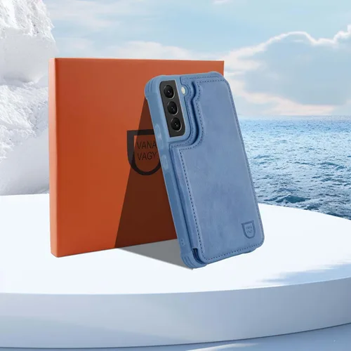 Vista 7 de VANAVAGY Funda tipo cartera compatible con Galaxy S22 con soporte para tarjetas de bloqueo RFID, piel sintética, cierre magnético, función atril