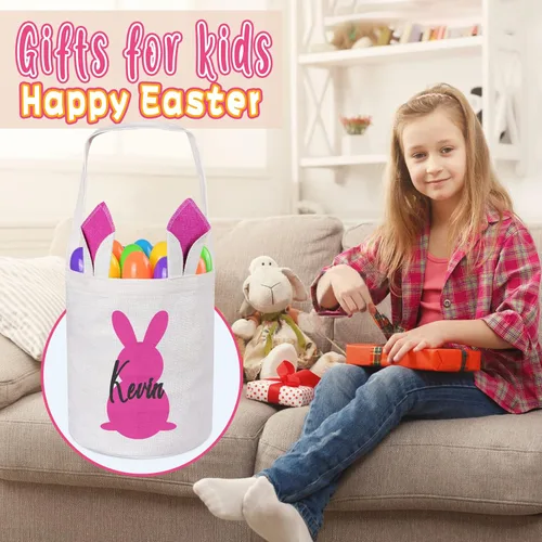 Vista 4 de Touber Cesta de Pascua, canastas de Pascua de algodón personalizadas para niñas y niños, rectangular, cestas de caza de huevos de Pascua con orejas