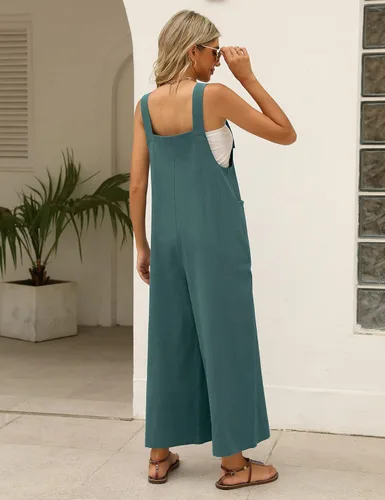 Vista 7 de Overol suelto de pierna ancha para mujer, sin mangas, de algodón y lino, con bolsillos