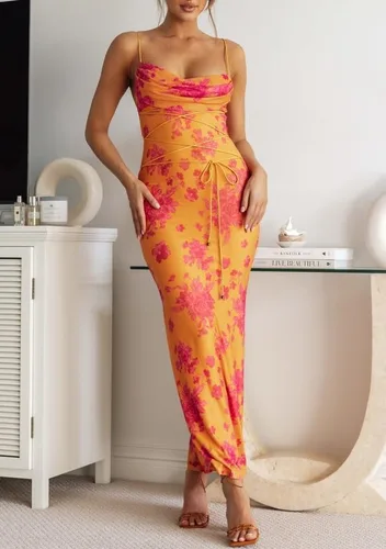 Vista 7 de Vestido largo con estampado de flores para mujer, con tirantes delgados, vestido largo floral, sexy, con tirantes delgados, vestido de cóctel