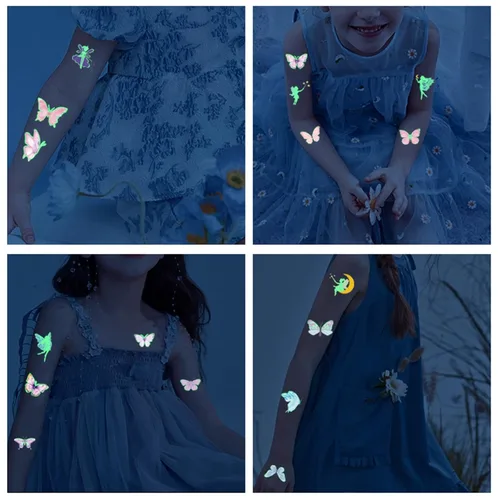 Vista 3 de 10 hojas de tatuajes temporales de mariposa que brillan en la oscuridad para niños, diseño de hadas, caricaturas, fluorescentes, para fiestas