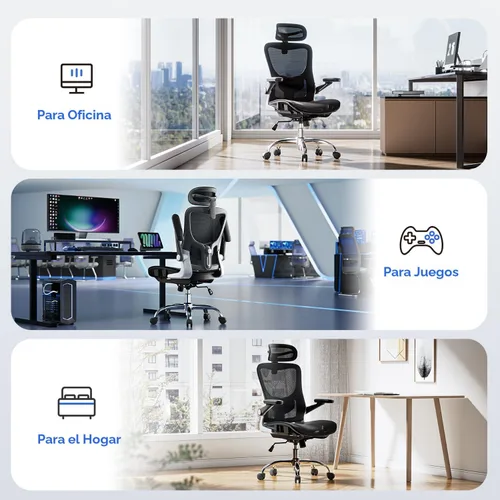 Vista 15 de marrap Silla de oficina ergonómica, silla de escritorio de malla con reposabrazos 3D, soporte lumbar ajustable y reposacabezas, función mecedora