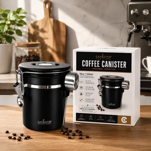 Vista 2 de CAFECITO® - Recipiente de café hermético de acero inoxidable de 18 onzas con válvula de CO₂, rastreador de fecha y cucharada, almacenamiento de café