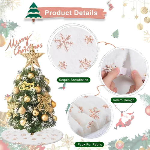 Vista 3 de Falda de árbol de copos de nieve de oro rosa de 24 pulgadas, faldas de árbol de piel sintética blanca, mini faldas de árbol de Navidad, tapete