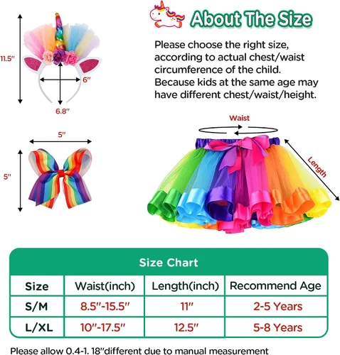 Vista 6 de Simplicity - Falda tutú de tul con forma de arco iris, con diadema de unicornio y lazo para el pelo