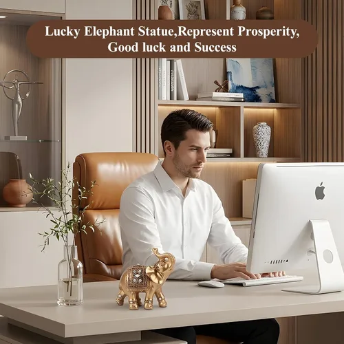 Vista 4 de Estatua de elefante, figura de elefante de la suerte de Feng Shui, escultura elegante dorada, decoración del hogar de resina pequeña, figura