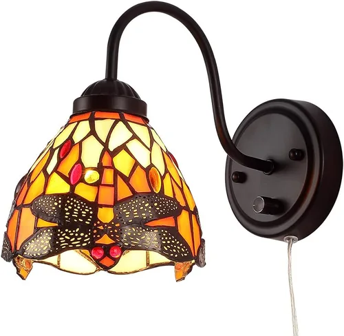 Vista 12 de Tiffany - Lámpara de pared para mesita de noche con interruptor regulable, aplique de pared de cuello de ganso vintage industrial con cable