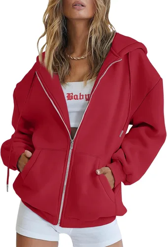 Vista 7 de EFAN Sudaderas con capucha lindas para mujer con cordón y cremallera, chaqueta de otoño de gran tamaño, sudaderas casuales con bolsillo Negro