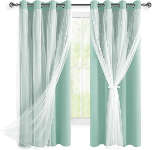 Vista 7 de Hiasan Cortinas opacas con superposición transparente, con ojales, aislamiento térmico, para mezclar y combinar, cortinas de ventana de doble capa