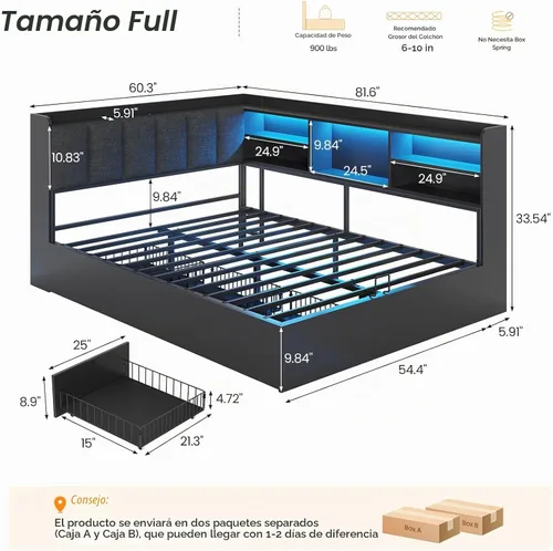 Vista 2 de Marco de cama matrimonial esquinero con 3 cajones, estantería y cabecero de Negro