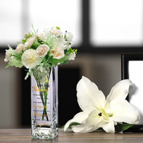 Vista 5 de Hoolerry Jarrón de cristal conmemorativo con tema botánico con versículo de condolencias, transparente, rectangular, 3.15 x 3.15 x 9.84 pulgadas