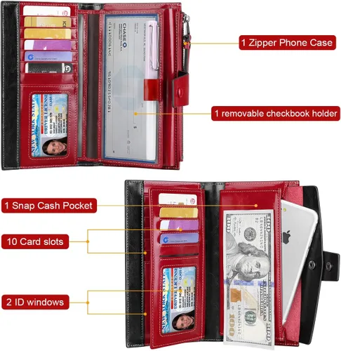 Vista 3 de Itslife Cartera de cuero con bloqueo RFID de gran capacidad para mujer Rojo escarlata Classic