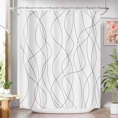 Vista 20 de AmazerBath Cortina de ducha, juego de cortina de tela ombre negra con 12 ganchos, cortina de ducha lavable de tela en negro y blanco, cortina