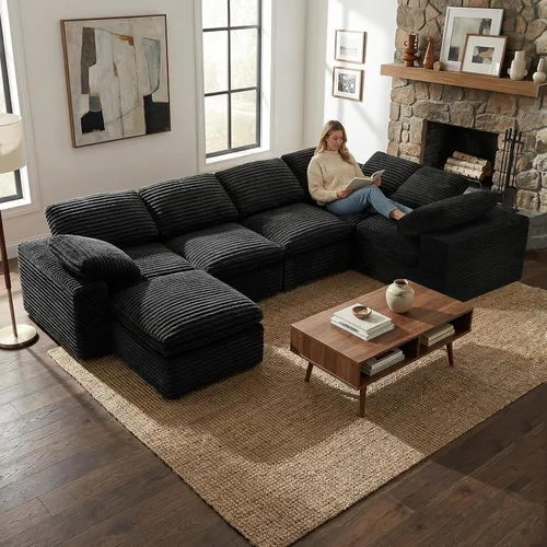 Vista 25 de KKL Sofá modular de 150 pulgadas, sofá modular en forma de U con otomana, sofá de pana sin hueso para sala de estar y dormitorio, sofá modular Negro