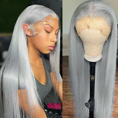 Vista 21 de Lovestory Peluca de encaje frontal larga y recta color blanco platino, predepilada, rubio platino, pelucas de encaje frontal sintético para mujeres