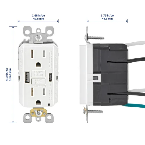 Vista 2 de Leviton SmartlockPro - Combinación GFCI de autocomprobación 15A con USB tipo A y tipo C en pared, cargador USB para teléfonos inteligentes y Blanco