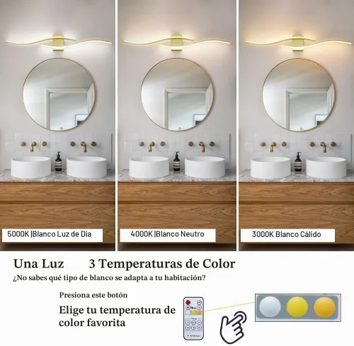 Vista 3 de Modernas lámparas de baño doradas, luz LED de tocador con control remoto, lámpara de tocador de baño sobre espejo, luces de pared para dormitorio