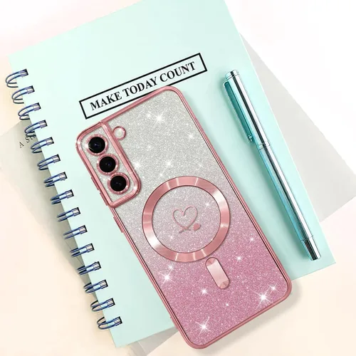 Vista 5 de Bonoma - Funda compatible con Samsung Galaxy S21 Plus, diseño de corazón con purpurina, color rosa Support for MagSafe, Plating Magnetic Case TPU