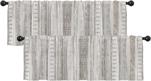 Vista 9 de Emvency Paquete de 2 cenefas para ventana, diseño geométrico gris y negro, cortinas de arte moderno abstracto, cortinas ajustables para ventanas