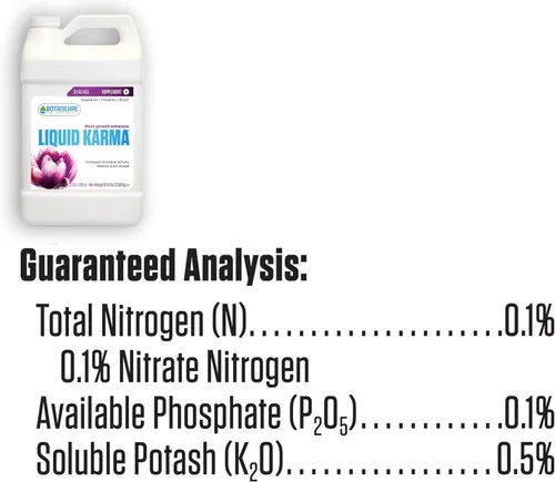 Vista 2 de Botanicare líquido Karma para el crecimiento de la Planta Suplemento 0.1 – 0.1 – 0.5 Fórmula, 1 galón, Sencillo