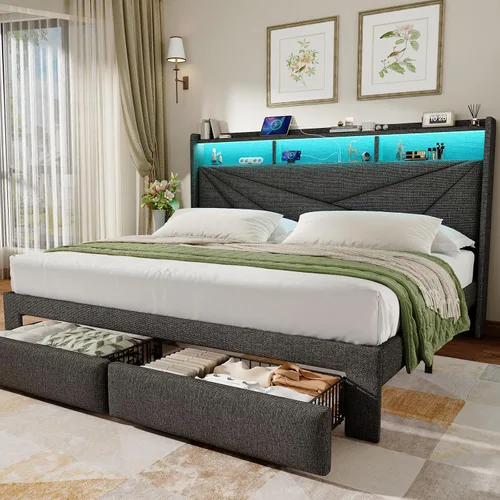 Vista 9 de Driftalia Base de cama de tamaño completo con cabecera de almacenamiento de 2 niveles, base de cama de tamaño completo tapizada con 2 cajones