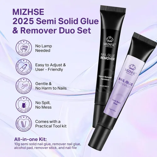 Vista 2 de MIZHSE Kit de pegamento de uñas semisólido de 0.35 oz y removedor de 0.3 fl oz para puntas de uñas a presión, secado rápido súper fuerte, sin