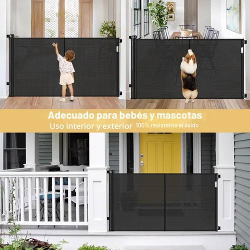 Vista 4 de Puerta Reforzada para Mascotas Extra Alta de 42" y Puerta Retráctil para Bebés de 55" de Ancho con Varillas de Soporte - Puerta Retráctil para Negro