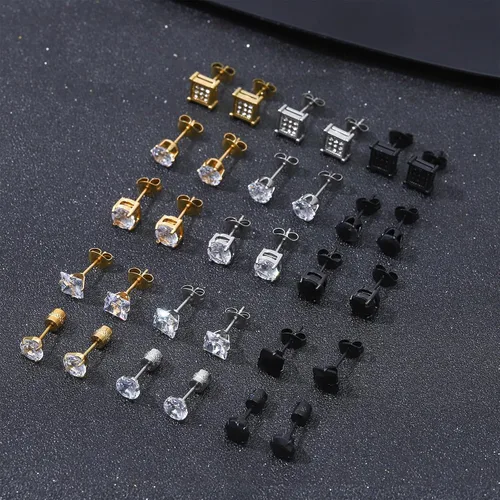 Vista 3 de NEWITIN Juego de 15 pares de aretes de acero inoxidable para hombre