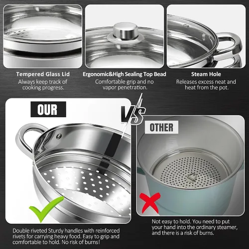 Vista 4 de AuFranc® olla de 4 cuartos de acero inoxidable 18/10 de tres capas con tapa de vidrio templado y vaporera, olla a vapor multiusos compatible