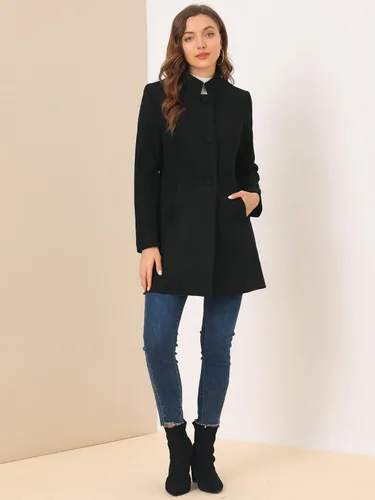 Vista 2 de Allegra K Abrigo de invierno para mujer, abrigo de lana con un solo botonadura y cuello alto medio largo