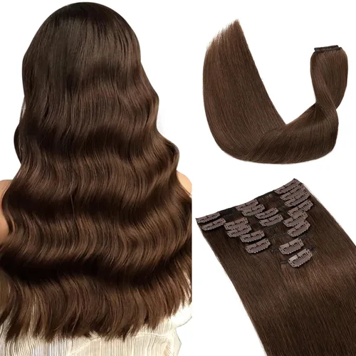 Vista 27 de Extensiones de cabello con clip, cabello humano Remy, extensiones de cabello largo lacio de una pieza con 5 clips, con gancho para colgar