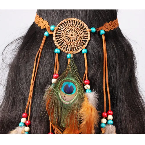 Vista 7 de AWAYTR Boho Dreamcatcher tocado pluma pavo real diadema diadema festival banda para el pelo (marrón)