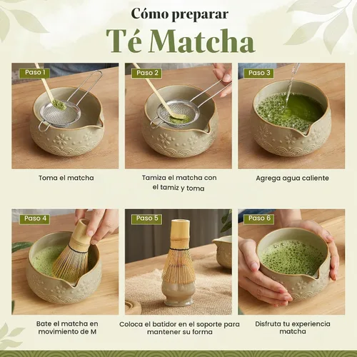 Vista 6 de Juego de 9 batidores Matcha – Juego de té Matcha con cuenco de cerámica matcha, batidor de bambú (Chasen), cuchara, tamiz Kit Matcha para Verde