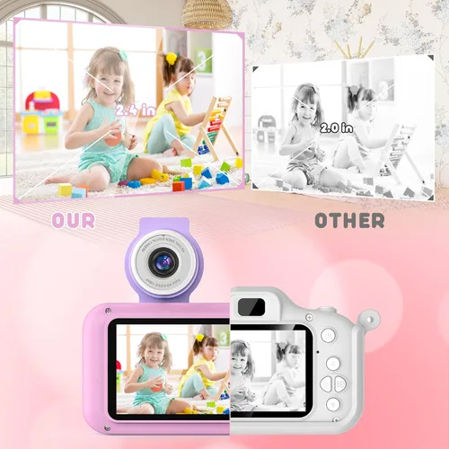 Vista 2 de Cámara para niños con lente giratoria de 180° para selfie y video, cámaras de video digitales HD para niños pequeños con tarjeta SD de 32 GB, ideal