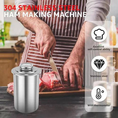 Vista 2 de Ham Maker - Olla de prensa de carne de acero inoxidable para hacer carne casera saludable con un termómetro, forma redonda, molde de prensa de carne