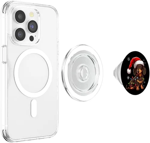 Vista 4 de Feliz Navidad Dachshund Santa Sombrero Luces Navidad Hombres Mujeres PopSockets MagSafe PopGrip para iPhone