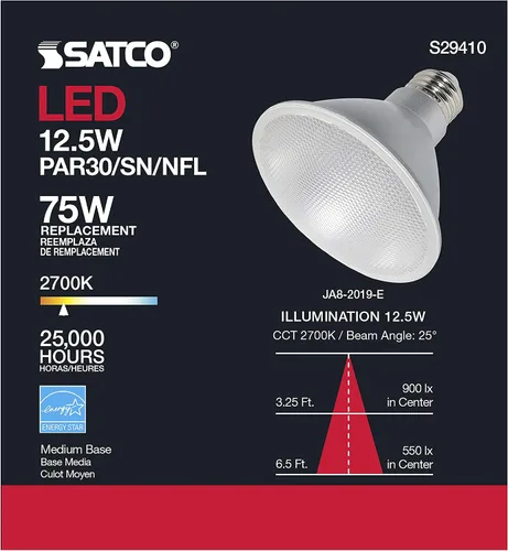 Vista 6 de Satco Bombillas reflectoras LED PAR30 de 12,5 W, de cuello corto, base media E26, blanco cálido de 2700 K, ángulo de haz de 25 grados, regulable